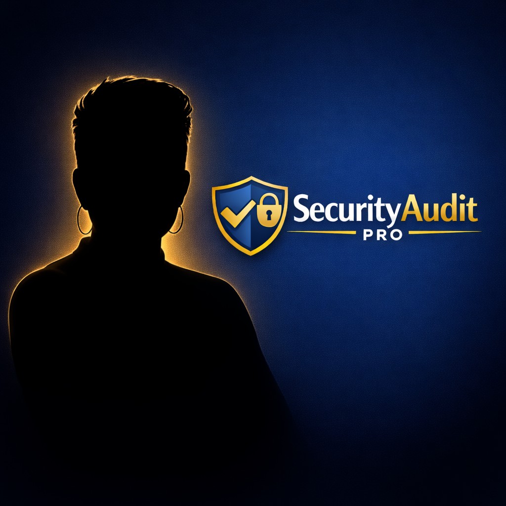 SecurityAudit Pro in donkerblauw en goud, met het silhouet van Pamela